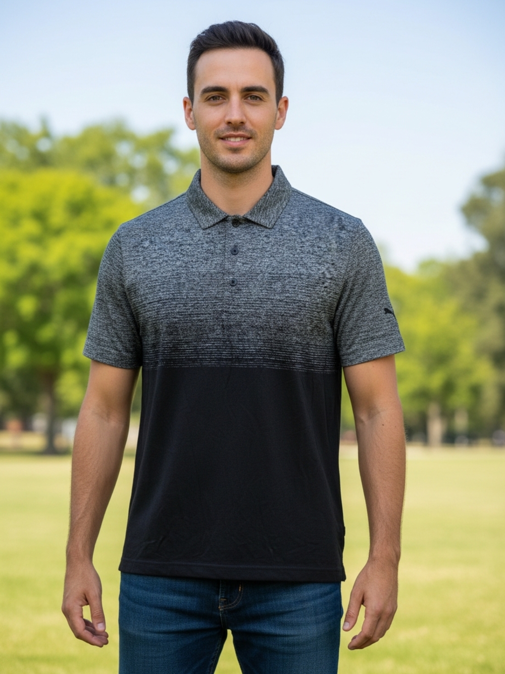 Puma Men's Black and Heather Gray Gradient Polo
